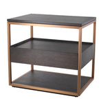 Eichholtz Side Table Parker mocha straight oak veneer With a metallic frame in a brushed brass finish and a top, body and lower shelf of mocha straight oa