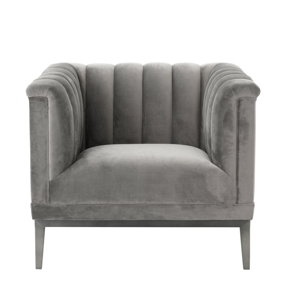 Eichholtz Chair Raffles roche porpoise grey velvet The Mid-Century Modern Raffles Chair rests upon a powder-coated steel base with gunmetal finish and