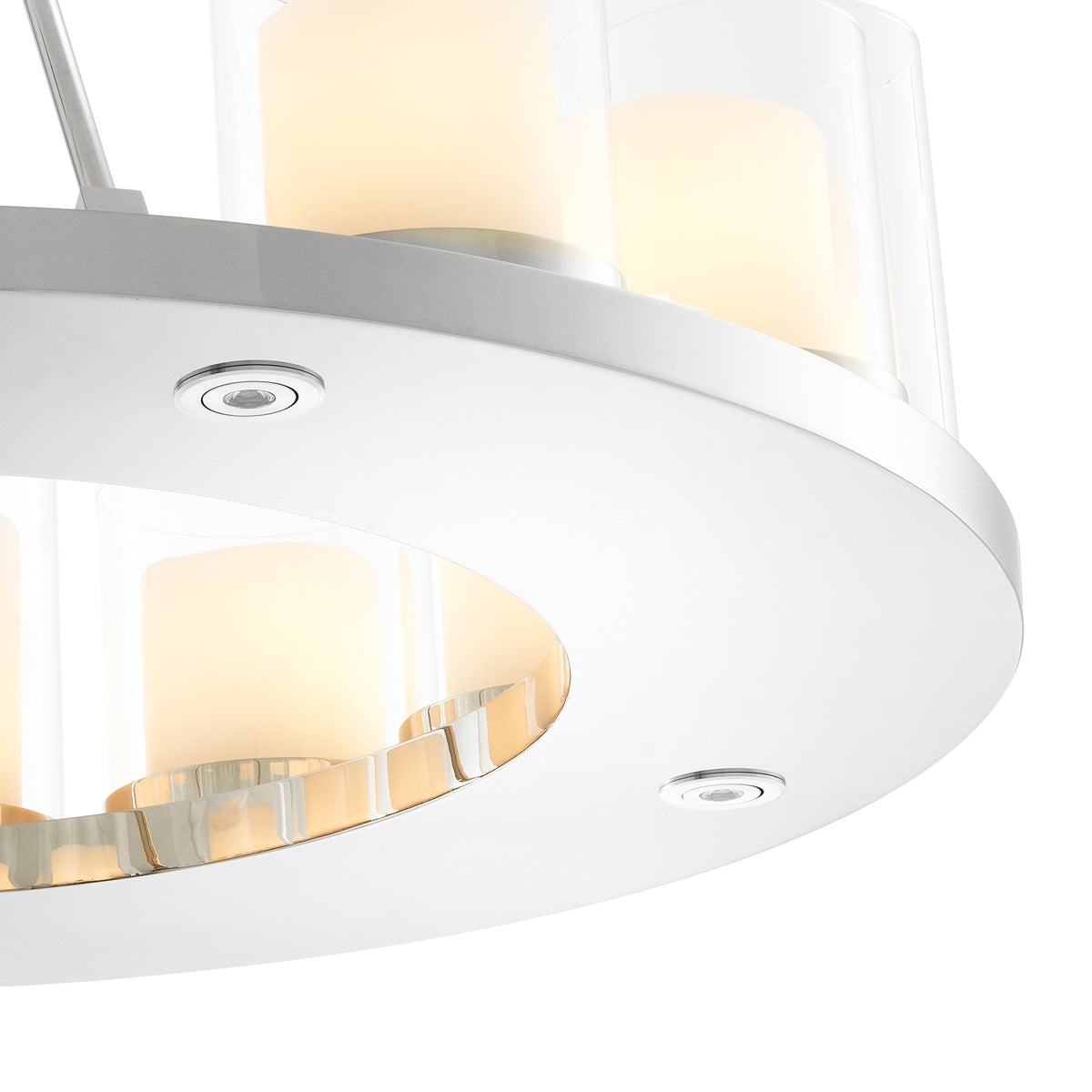 Eichholtz Chandelier Summit Round The glossy polished stainless steel plate of the Summit Chandelier is supported by a strong chain li