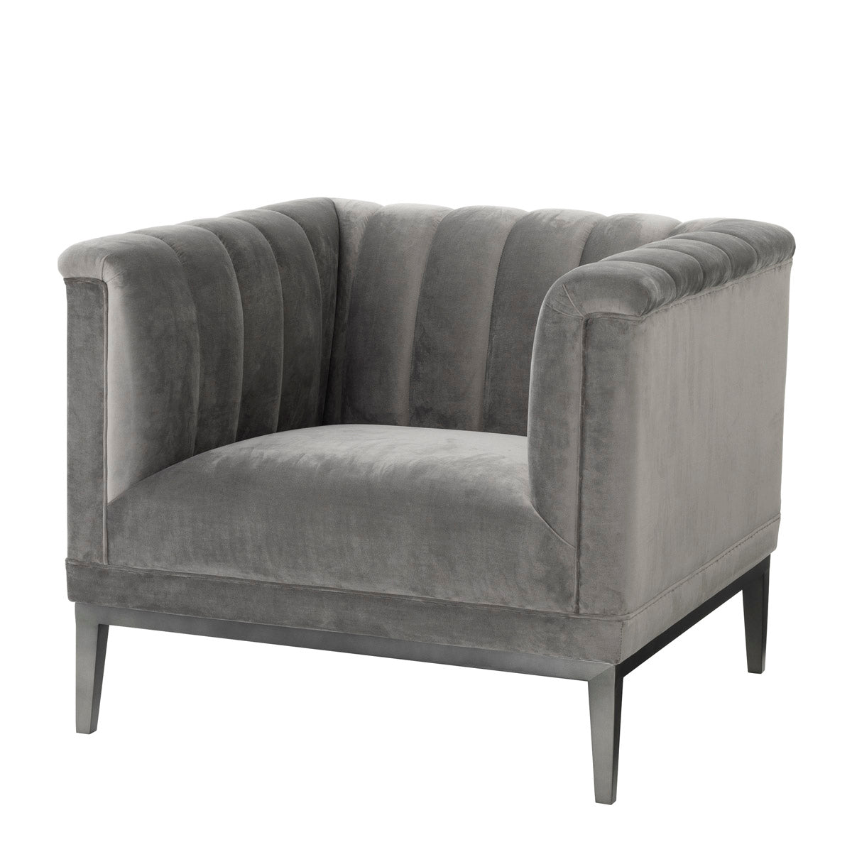 Eichholtz Chair Raffles roche porpoise grey velvet The Mid-Century Modern Raffles Chair rests upon a powder-coated steel base with gunmetal finish and