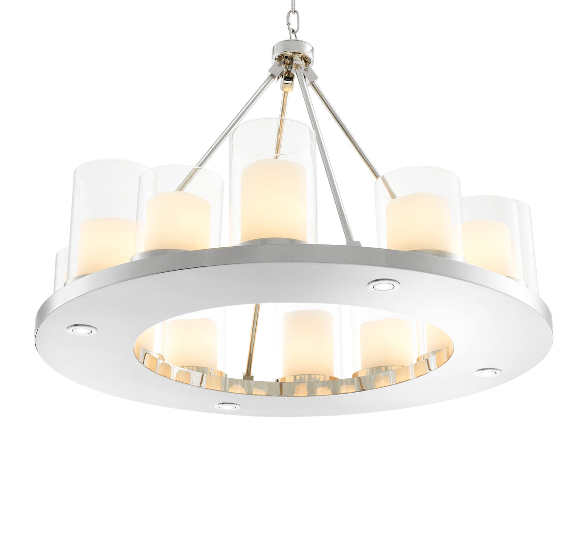 Eichholtz Chandelier Summit Round The glossy polished stainless steel plate of the Summit Chandelier is supported by a strong chain li