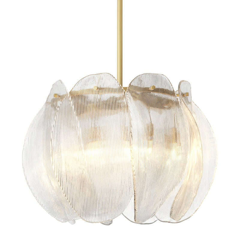 Eichholtz Chandelier Hibis L antique brass finish clear glass The Met x Eichholtz unveils the Chandelier Hibis, a statement lighting piece that brings sculptural grace and a natural rhythm to your space. Featuring a refined silhouette and delicately shaped glass shades, this chandelier evokes the organic