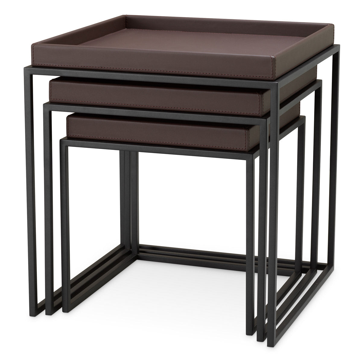 Close-up of Side Table Léonard set of 3 highlighting premium materials and Dark Brown Faux Leather, Black (Image 2)