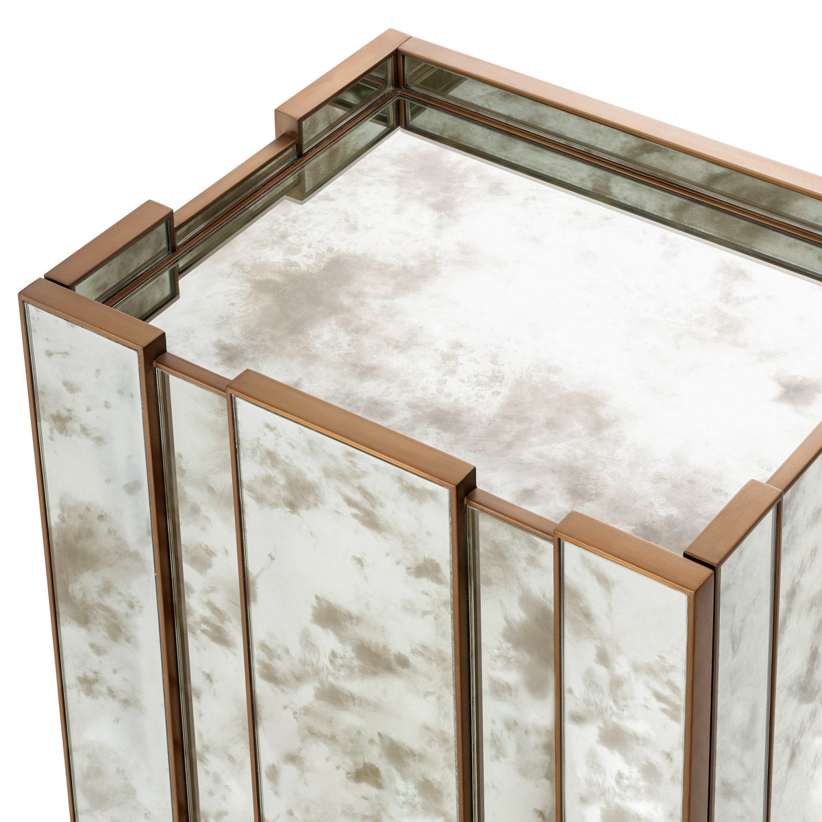 Lifestyle angle of Nightstand Nottingham Left with refined Antique Mirror Glass, Brushed Brass tones (Image 8)