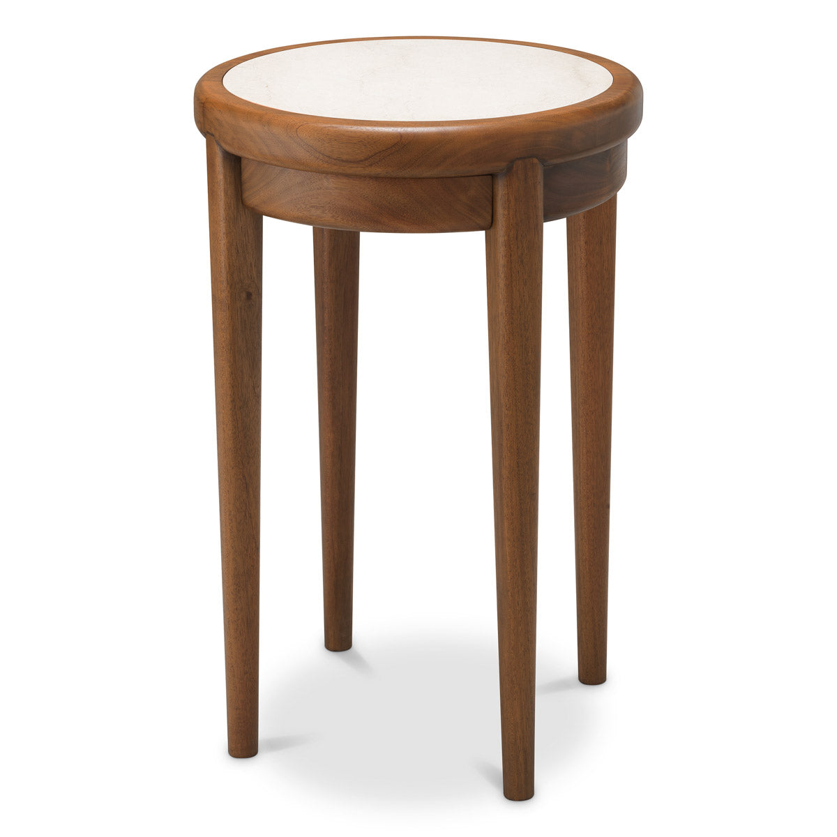Side table Hensley Round by Eichholtz in a styled setting — Mahogany Wood, Caramel, Beige Marble (Image 4)