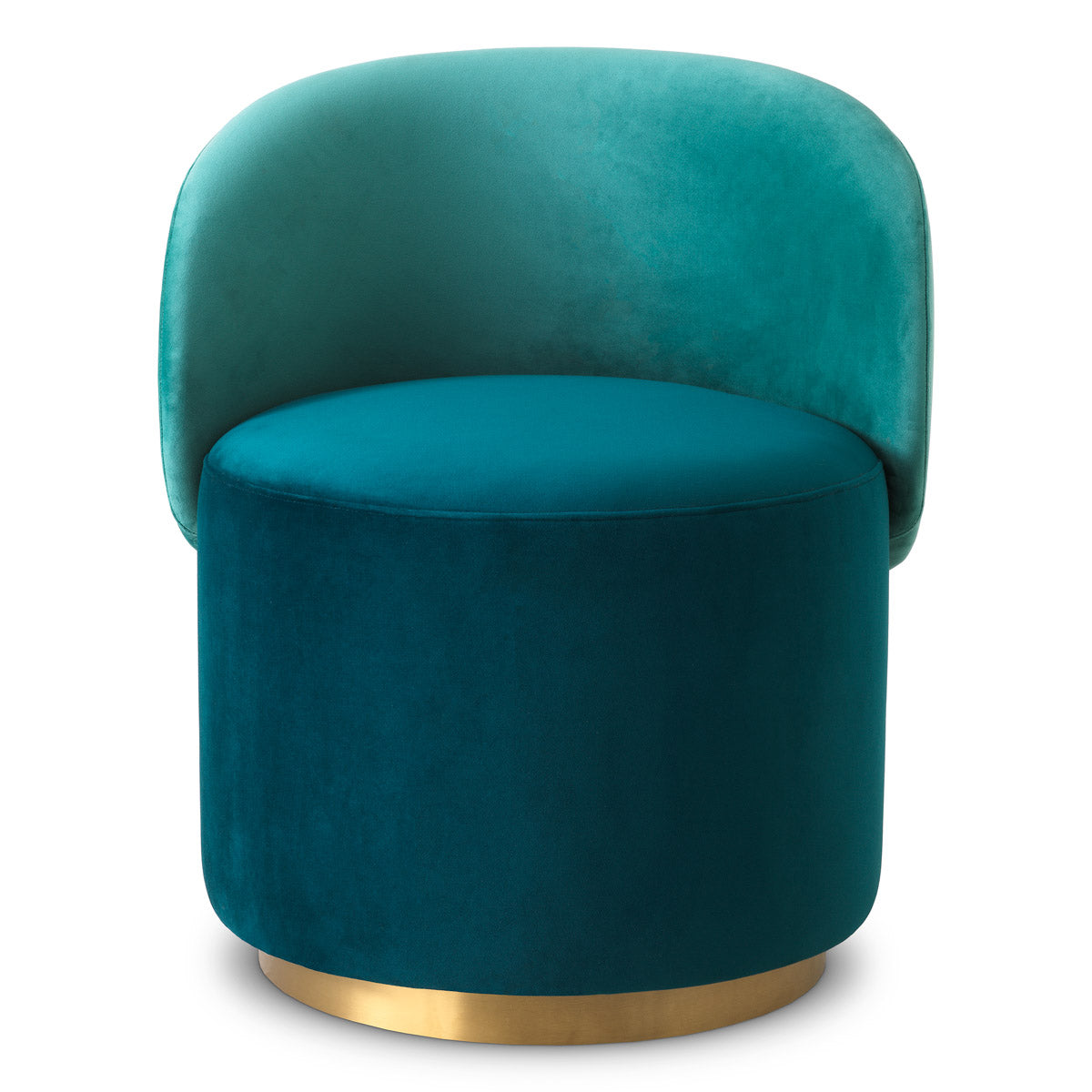 Close-up of Low Dining Chair Greer highlighting Brass, Polyester and Savona Sea Green Velvet, Savona Turquoise Velvet, Brushed Brass Swivel Base (Image 2)