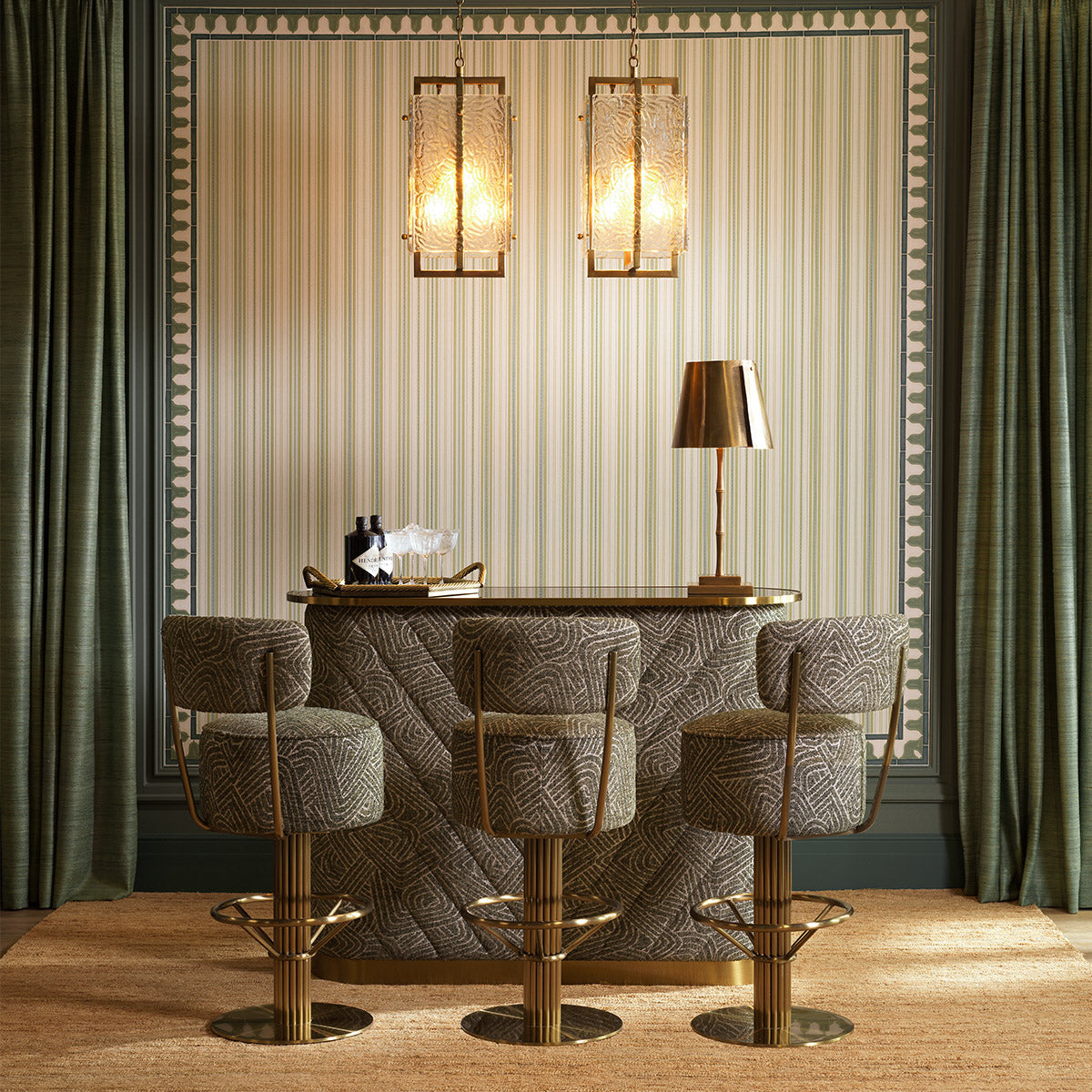 Lifestyle angle of Bar Stool Carleton with back with refined Brushed Brass, Camari Green, Swivel Base tones (Image 8)