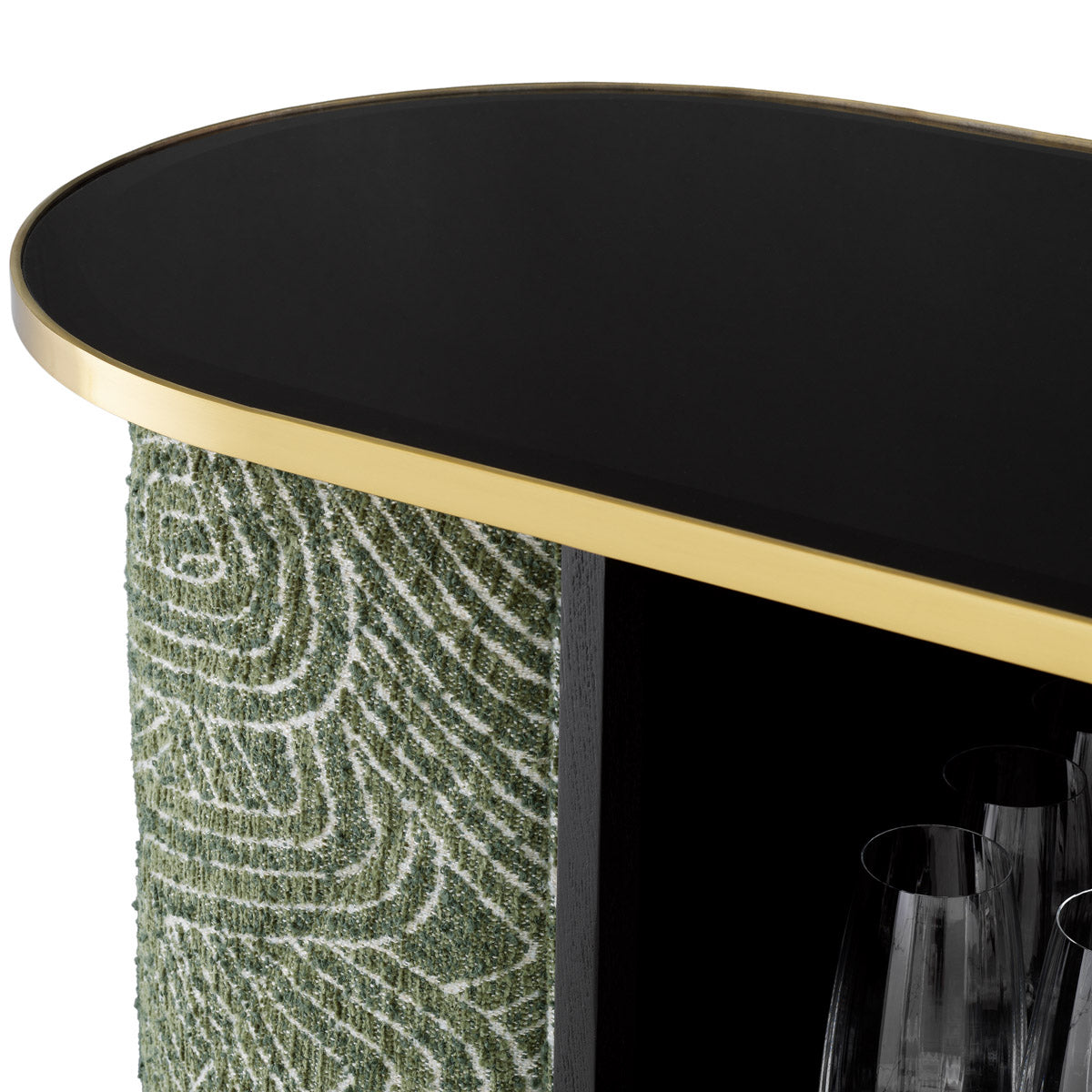 Lifestyle angle of Bar Matthew with refined Brushed Brass, Black Glass, Camari Green tones (Image 8)