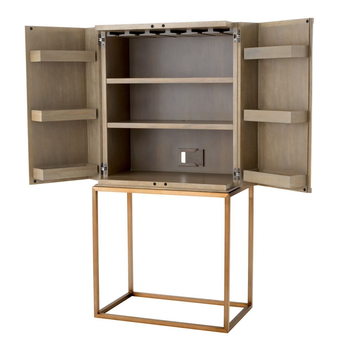 Eichholtz Bar Cabinet Highland With its washed oak veneer cupboard and brushed brass finished metal stand this drinks cabinet
