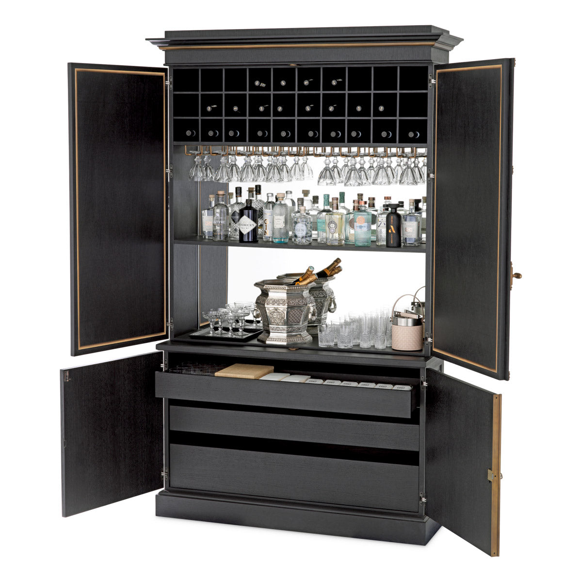 Eichholtz Bar cabinet Kellam 20th-century New York. Featuring a refined black finish and antiqued mirror panels, this cabinet exudes