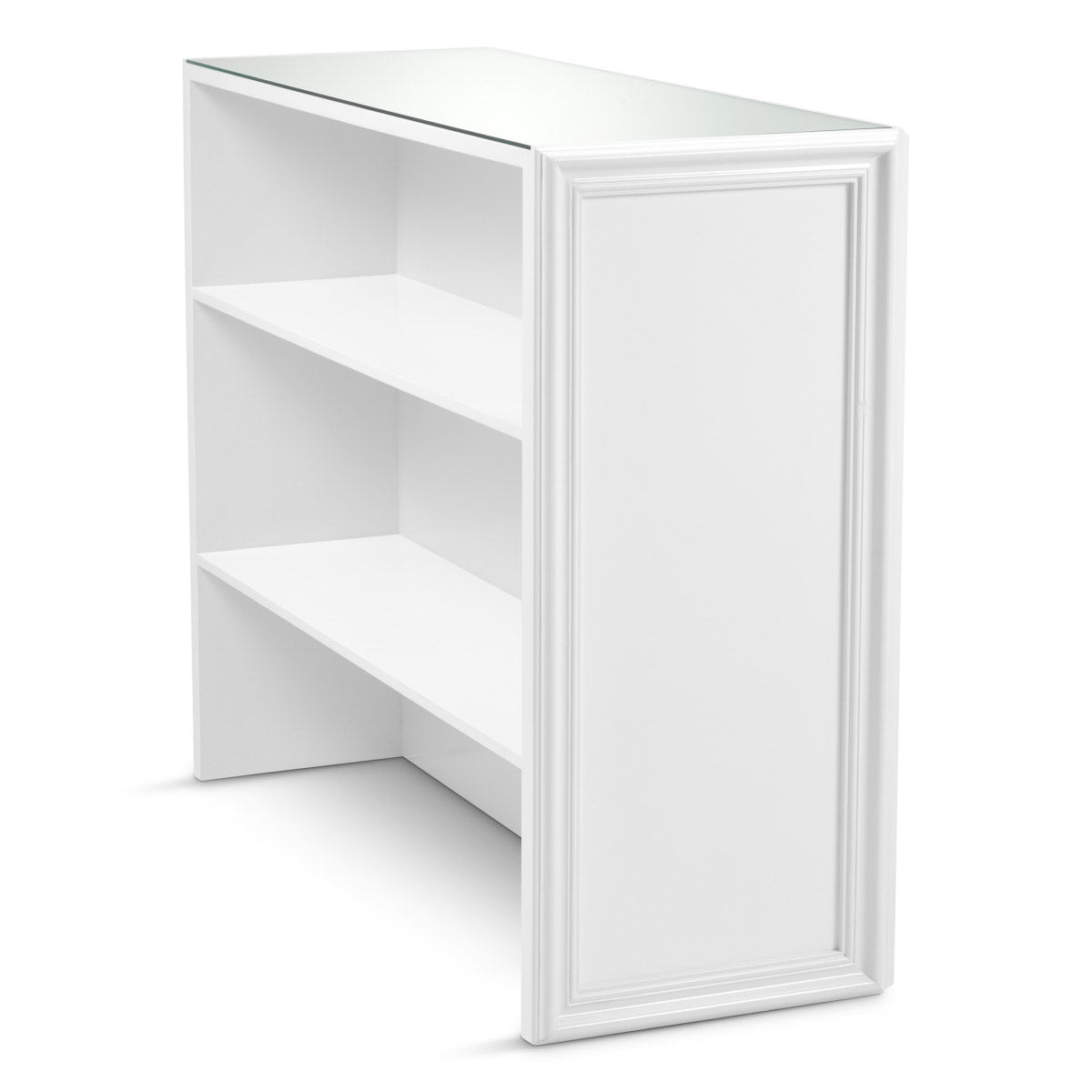 Eichholtz Bar Roland showcases a refined ribbon panel front and a pristine glass top, merging clean lines with