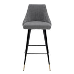 Eichholtz Bar Stool Cedro grey upholstered seat with button back and black tapered legs with brass caps, this vintage
