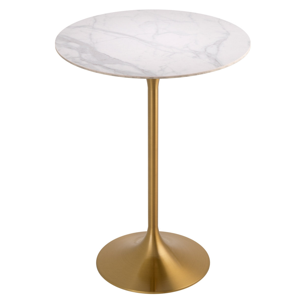 Eichholtz Bar Table Tazio circular ceramic top with marble look is supported by a brushed brass column fanning out