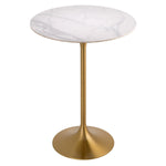 Eichholtz Bar Table Tazio circular ceramic top with marble look is supported by a brushed brass column fanning out