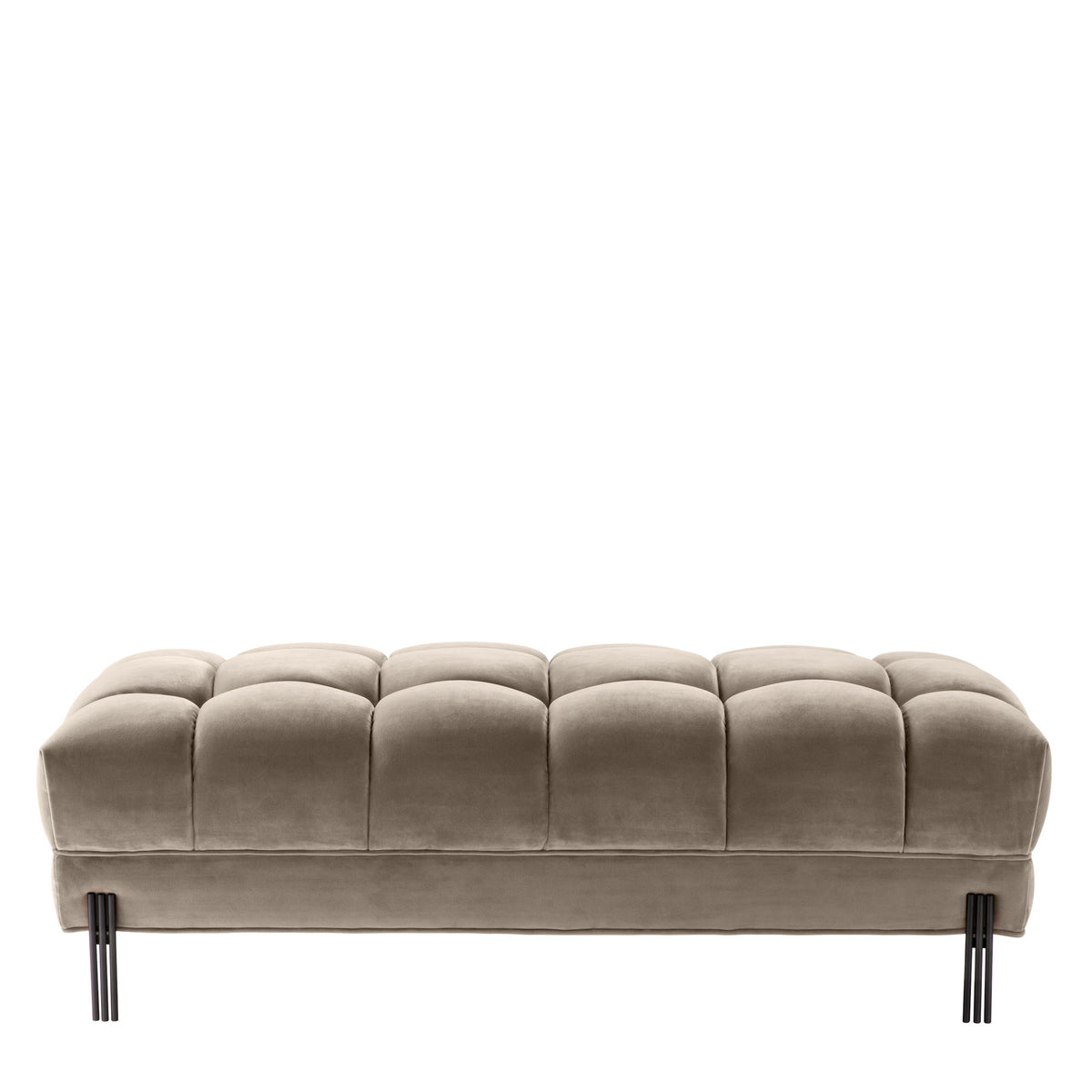 Eichholtz Bench Sienna a tufted upholstery in mellow Savona greige velvet. Black finished legs add extra glamour to
