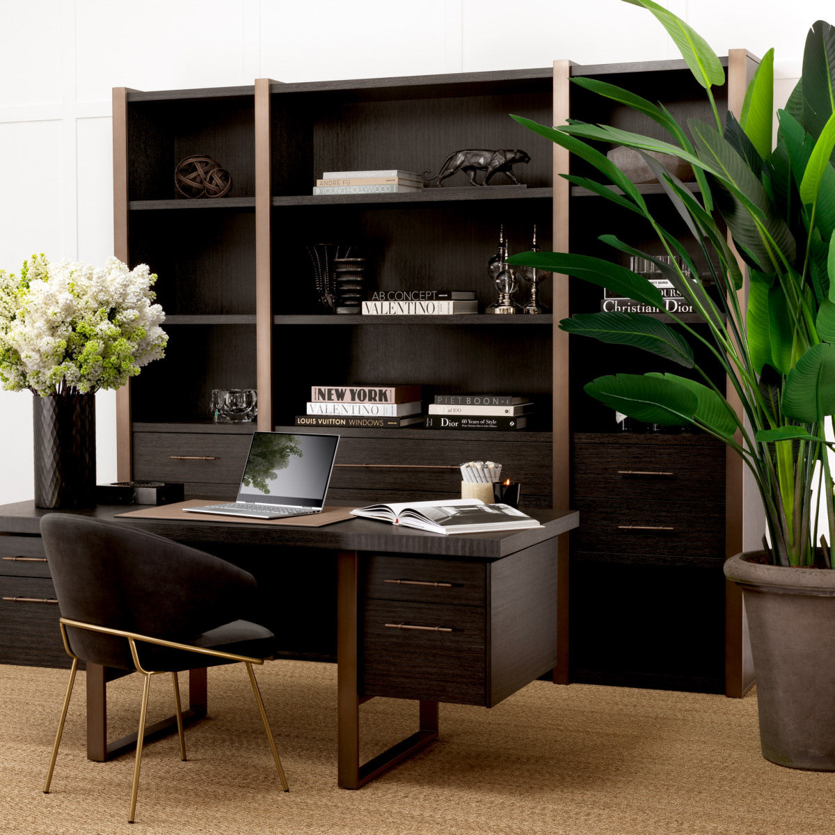 Eichholtz Cabinet Canova modernity. The charcoal grey oak veneer of the case goes well with the medium bronze