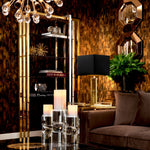 Eichholtz Cabinet Cipriani distinctive cabinet of polished stainless steel with gold finish and five smoke glass shelves adds