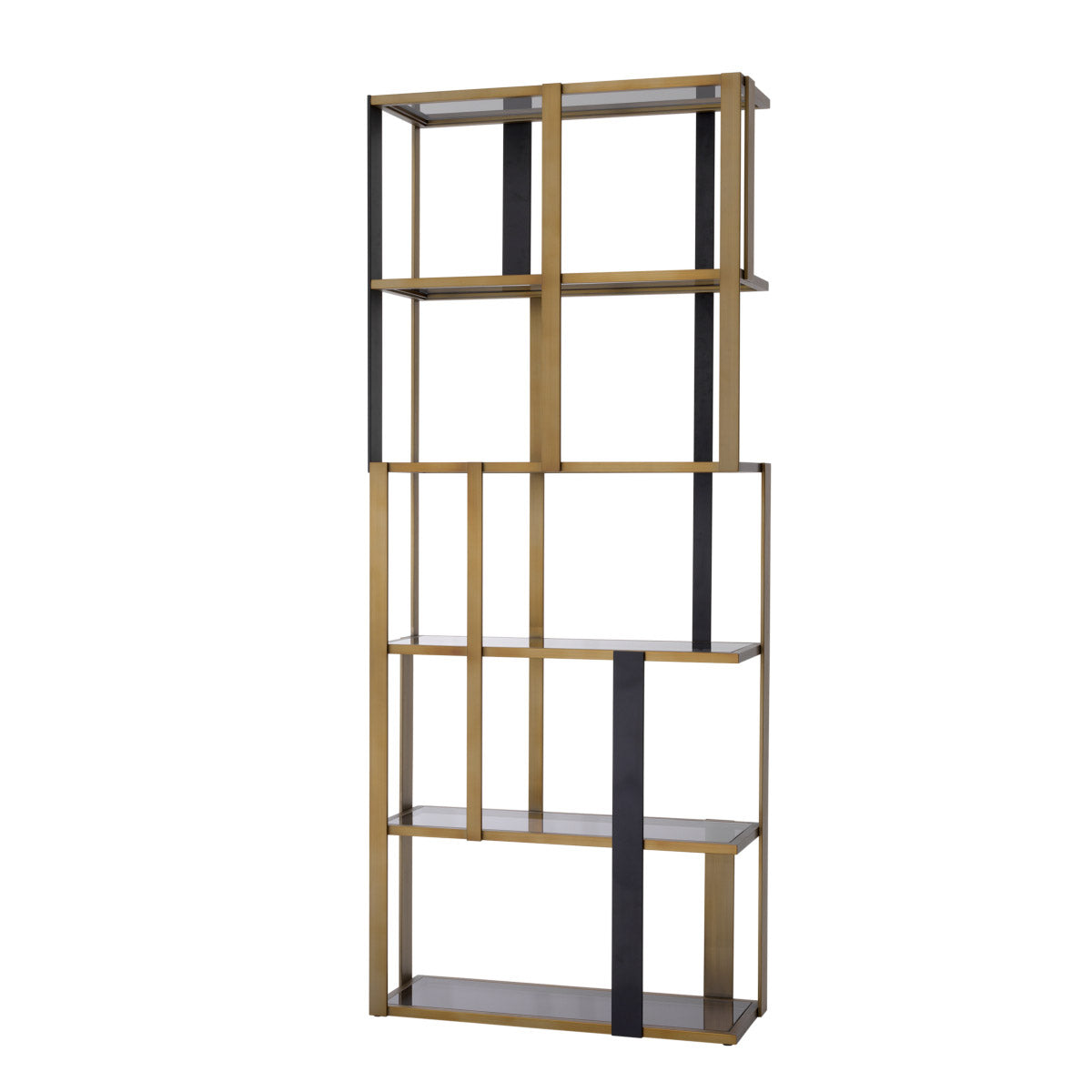 Eichholtz Cabinet Clio black, and partly in brushed brass. It features 6 smoke glass shelves where you can