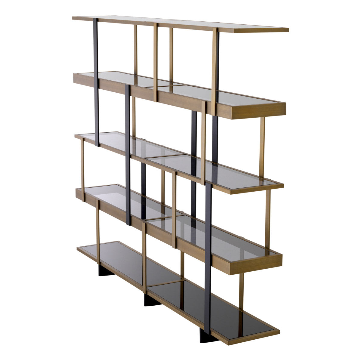 Eichholtz Cabinet Mercure brushed brass and partly in black, its sturdy metal frame contains four shelves of smoke