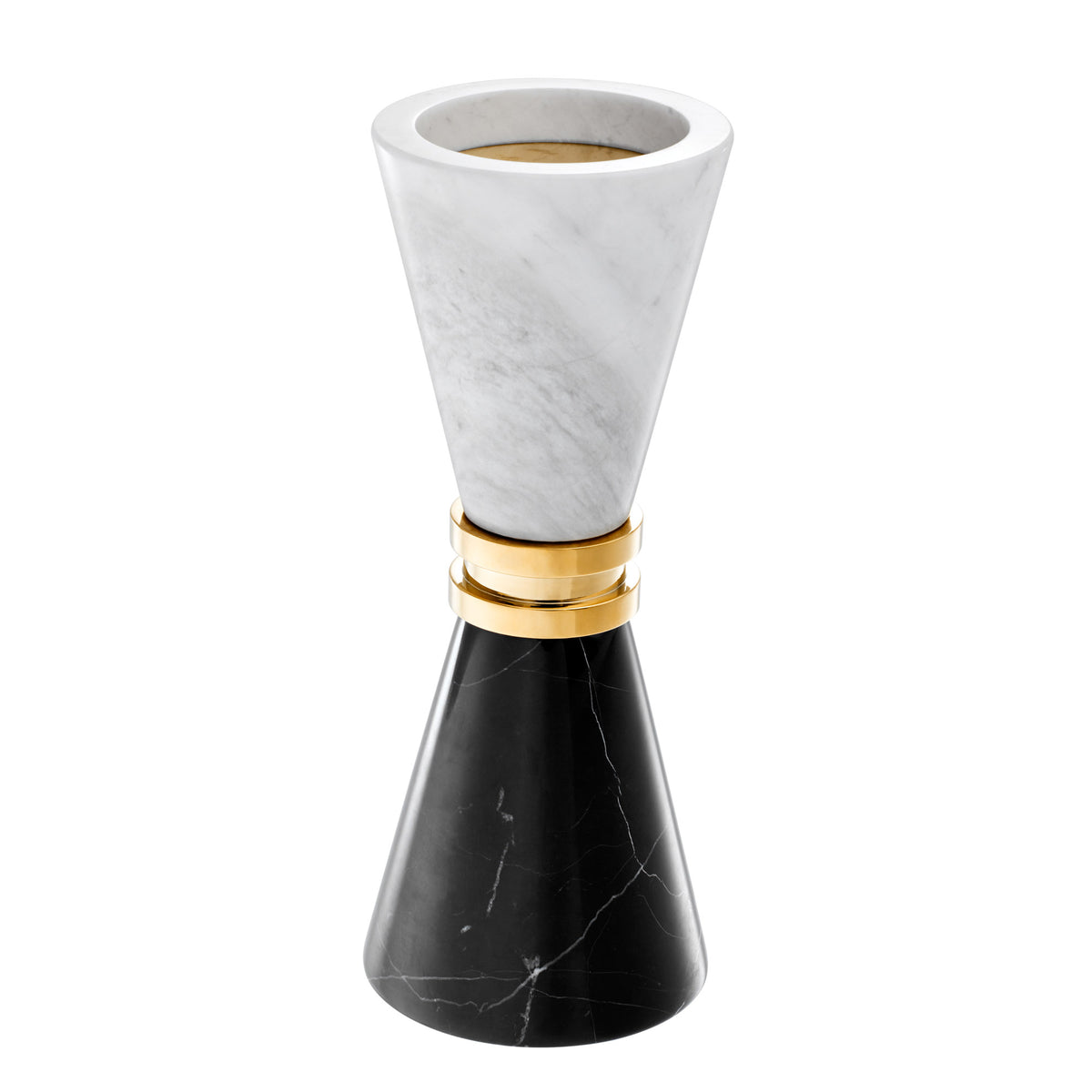 Eichholtz Candle Holder Diabolo both ways. It comprises a black marble and white marble cone with a gold finished