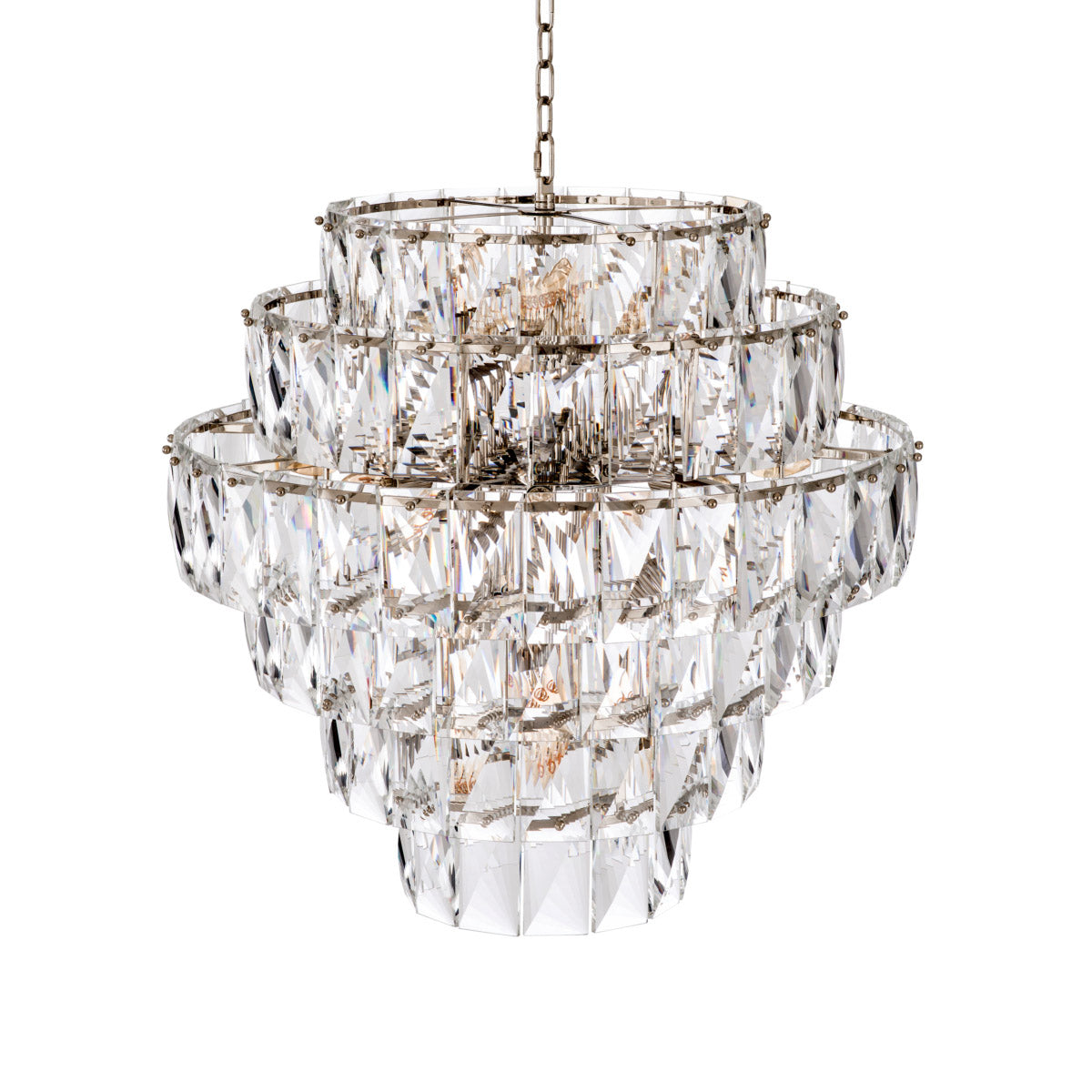 Eichholtz Chandelier Amazone L lamp will light up any space in your home. The rectangular glistening crystals hang from