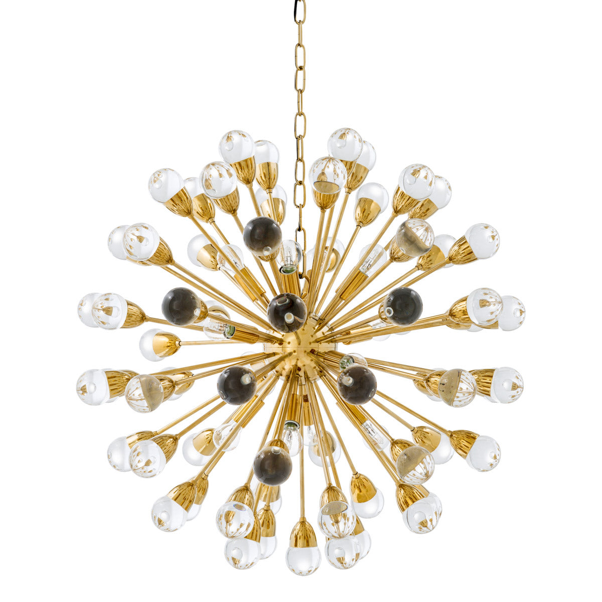 Eichholtz Chandelier Anto L ceiling lamp is adorned with massive spheres of clear glass. The armatures with shiny gold