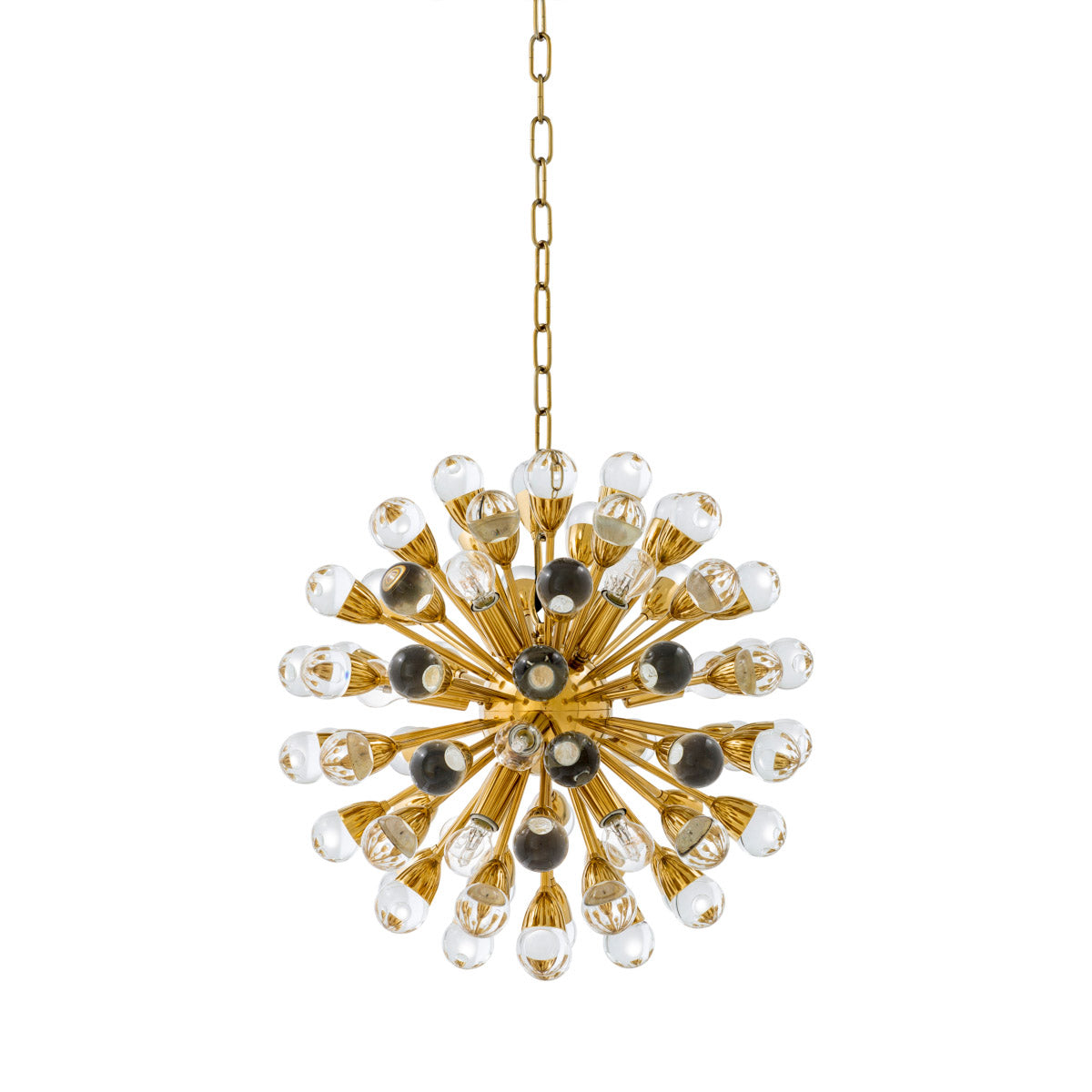 Eichholtz Chandelier Anto S ceiling lamp is adorned with massive spheres of clear glass. The armatures with shiny gold