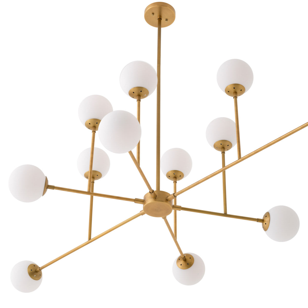 Eichholtz Chandelier Aram The mid-century antique brass finish pairs perfectly with 12 white glass shades to elevate this