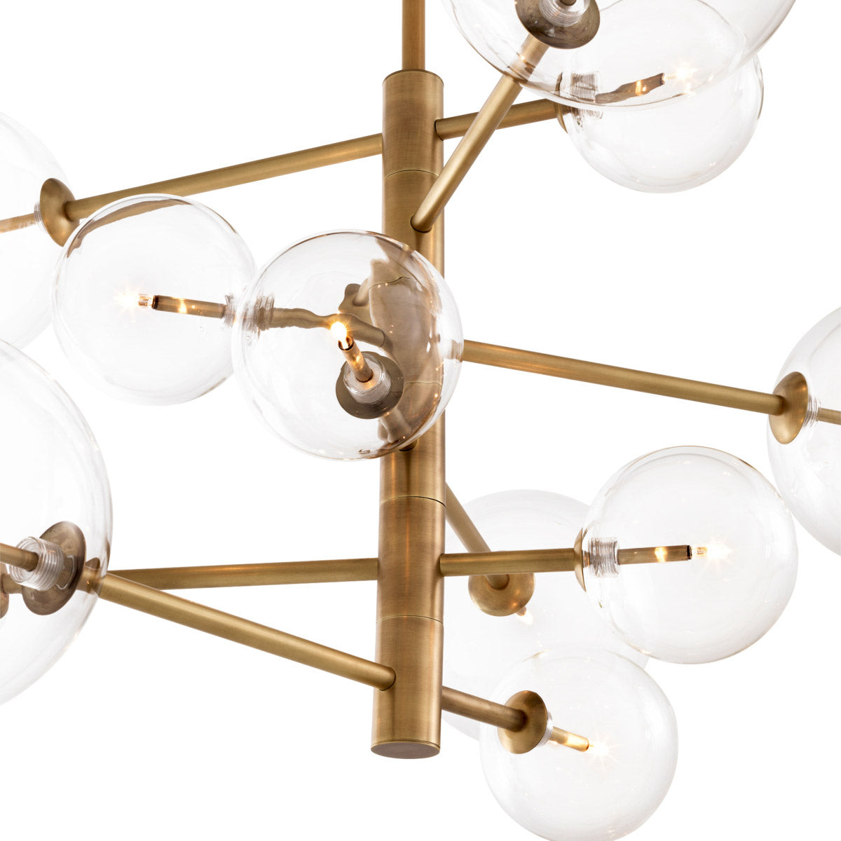 Eichholtz Chandelier Argento S brass finish and 12 hand blown clear glass globes. Chandelier Argento S Crafted by Eichholtz