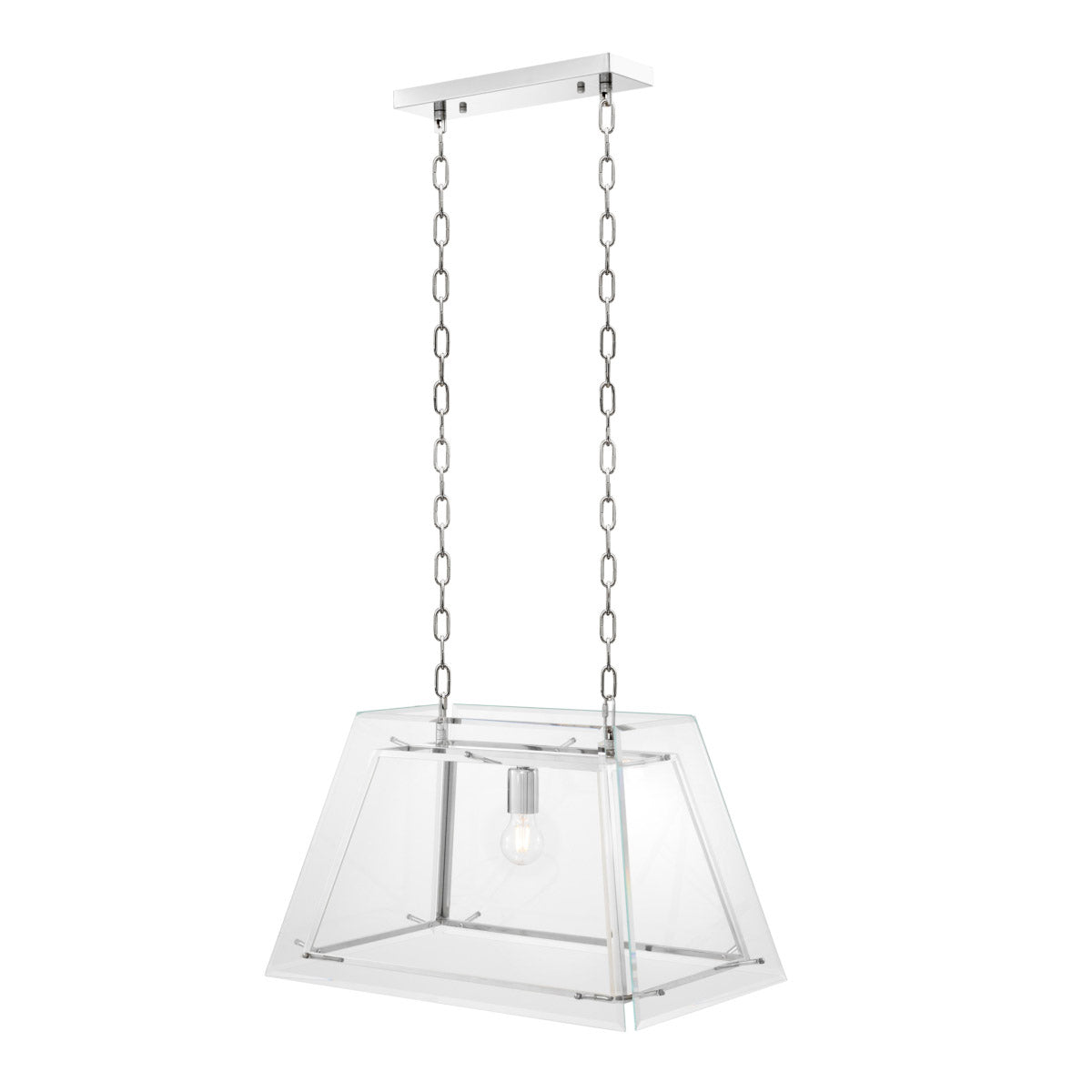 Eichholtz Chandelier Azure S bare essence of illumination, this tapered cage with nickel finish and bevelled clear glass panels