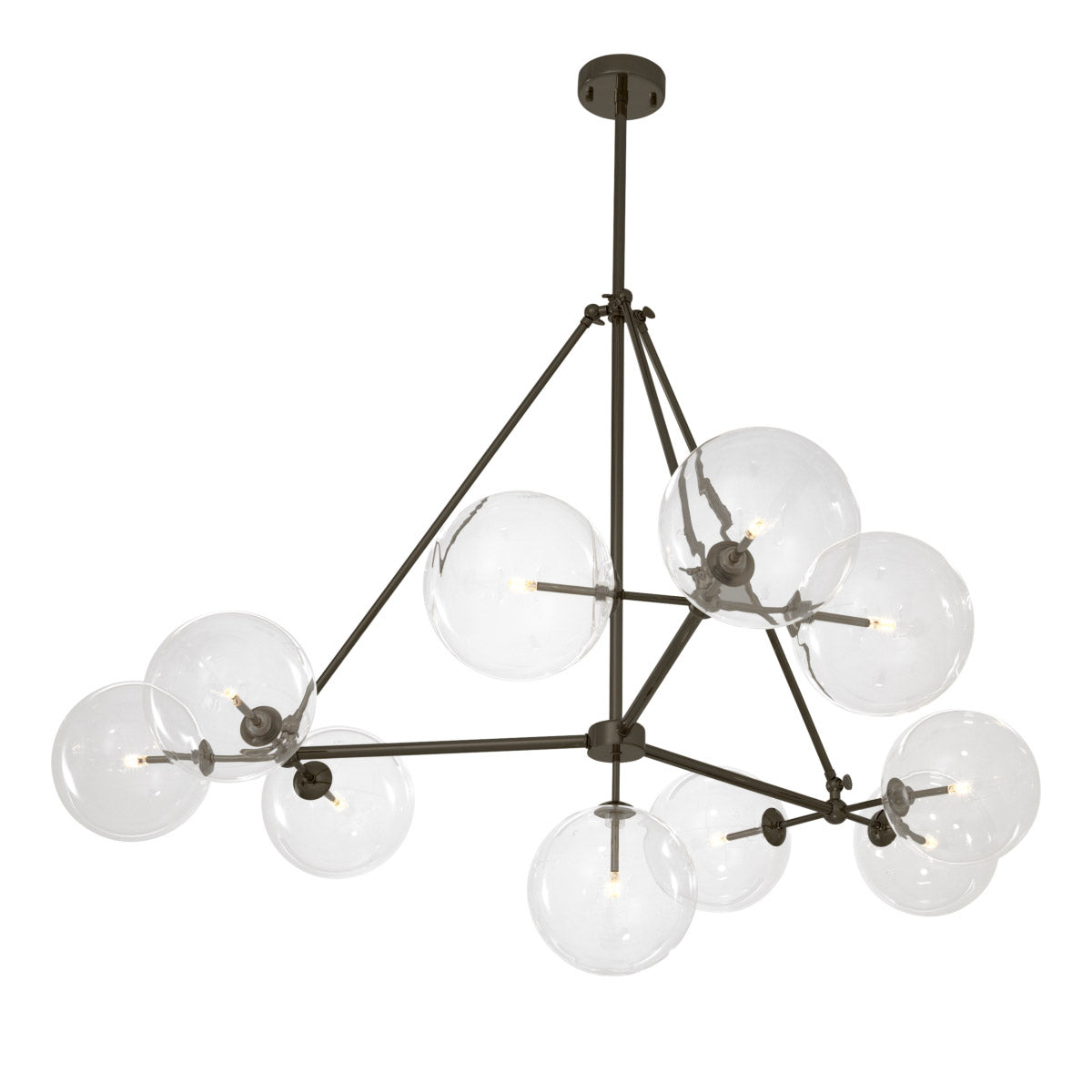 Eichholtz Chandelier Bermude with bronze finish contains 10 clear glass globes that each host their own light bulb.