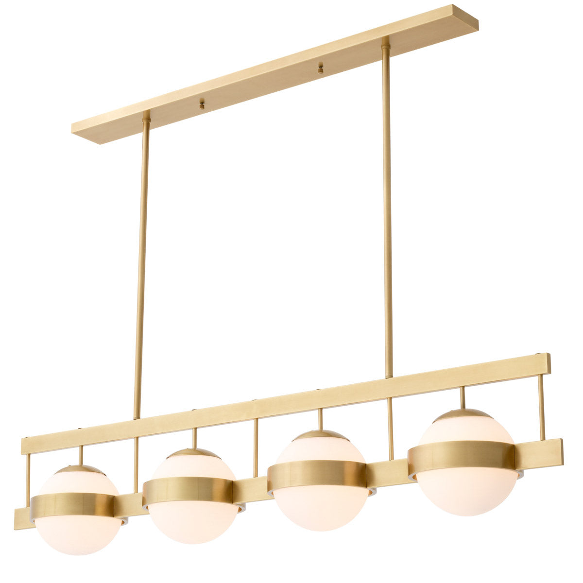 Eichholtz Chandelier Biba finish that holds 5 white glass globes. It works really well over a large dining