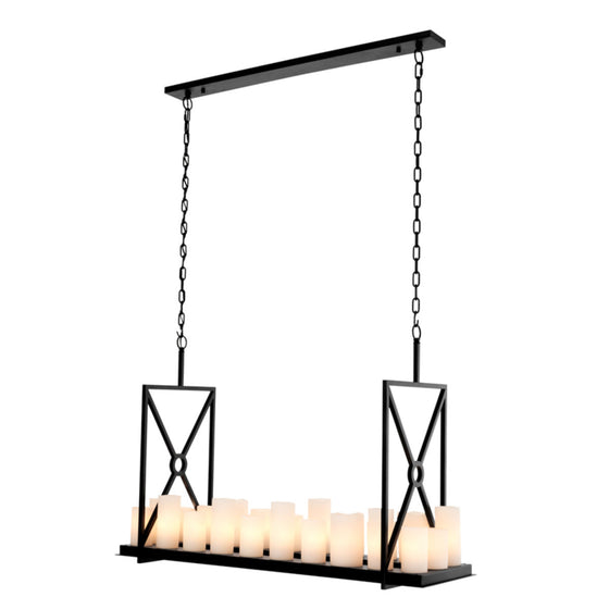 Eichholtz Chandelier Commodore The robust black finished frame of the Commodore Chandelier comprises two square panels with an