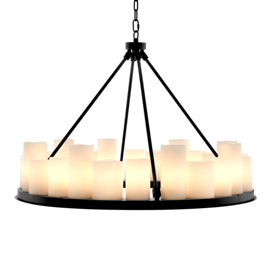 Eichholtz Chandelier Commodore Round The robust black finished frame of the Commodore Chandelier is supported by a strong chain