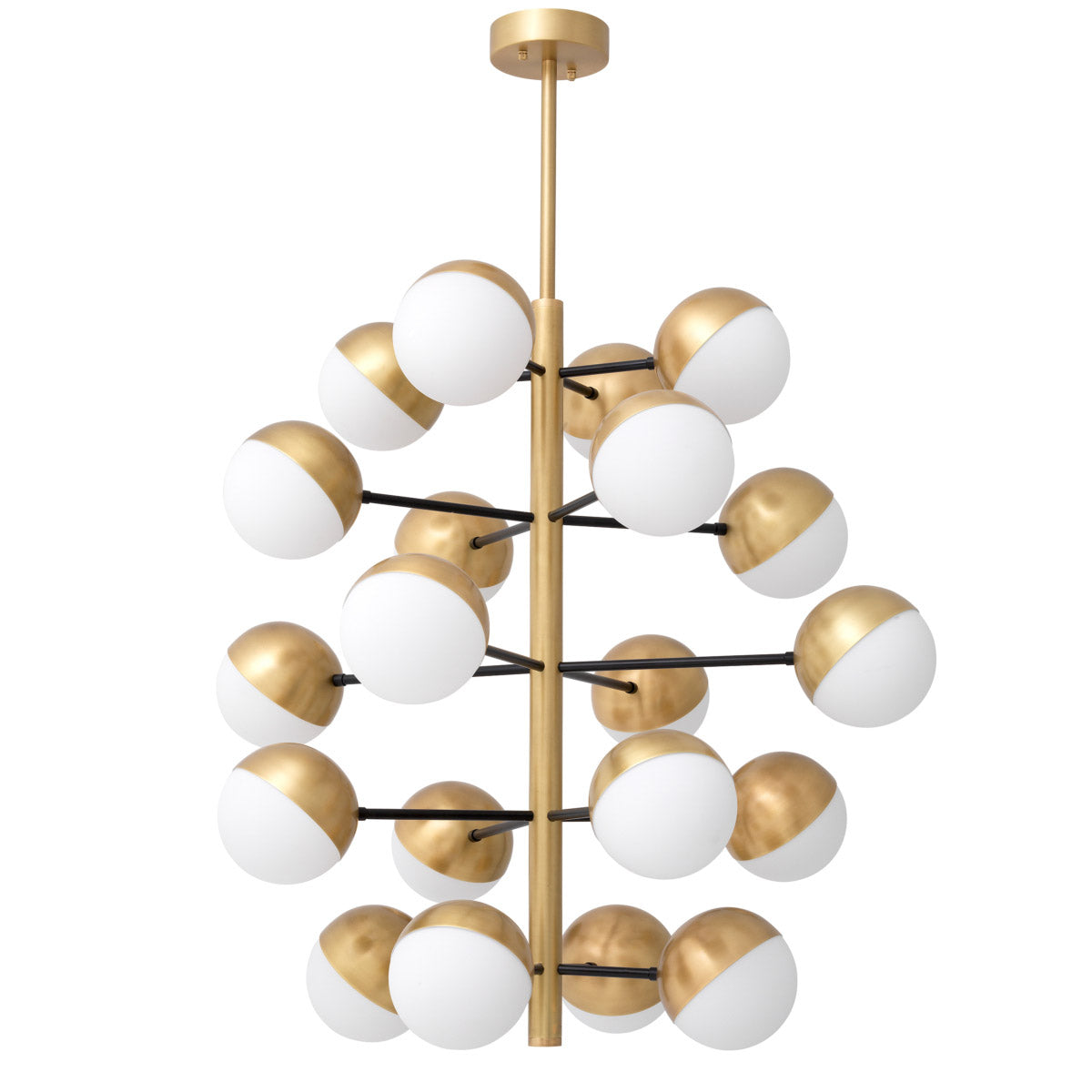 Eichholtz Chandelier Cona L modern design has an antique brass finish fixture and 20 white glass globes and offers