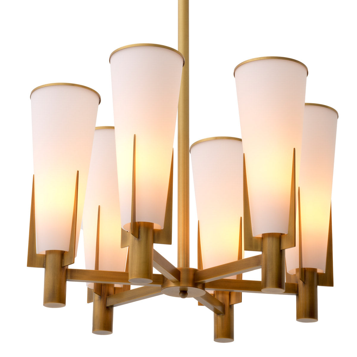 Eichholtz Chandelier Dino the 1950s and 1960s. Made of white glass and adorned with an antique brass rim,
