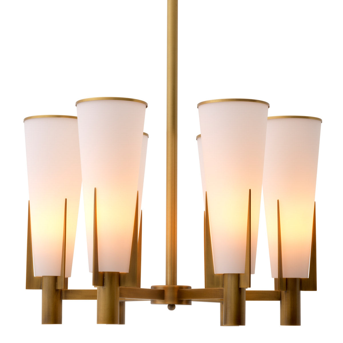 Eichholtz Chandelier Dino six cone shaped architectural shades complete its Mid-Century Modern look. Chandelier Dino Crafted by Eichholtz