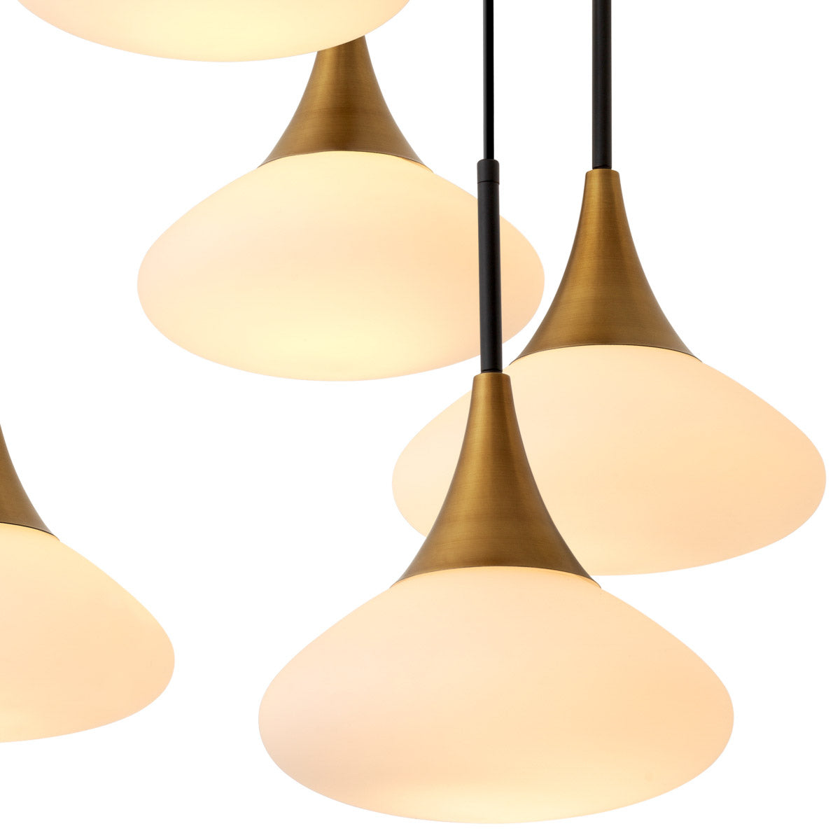 Eichholtz Chandelier Duco L white glass shades that cast an ambient light on your interior surroundings. The cables are