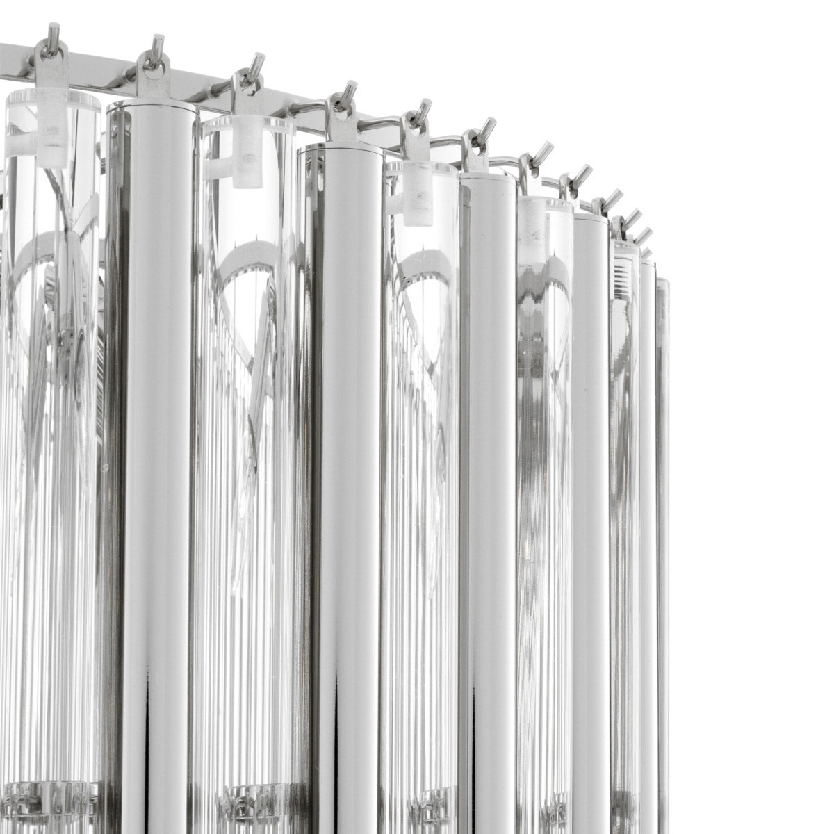 Eichholtz Chandelier Gigi L chandelier features a tapered body with 4 hoops. Rods of clear glass and nickel finished
