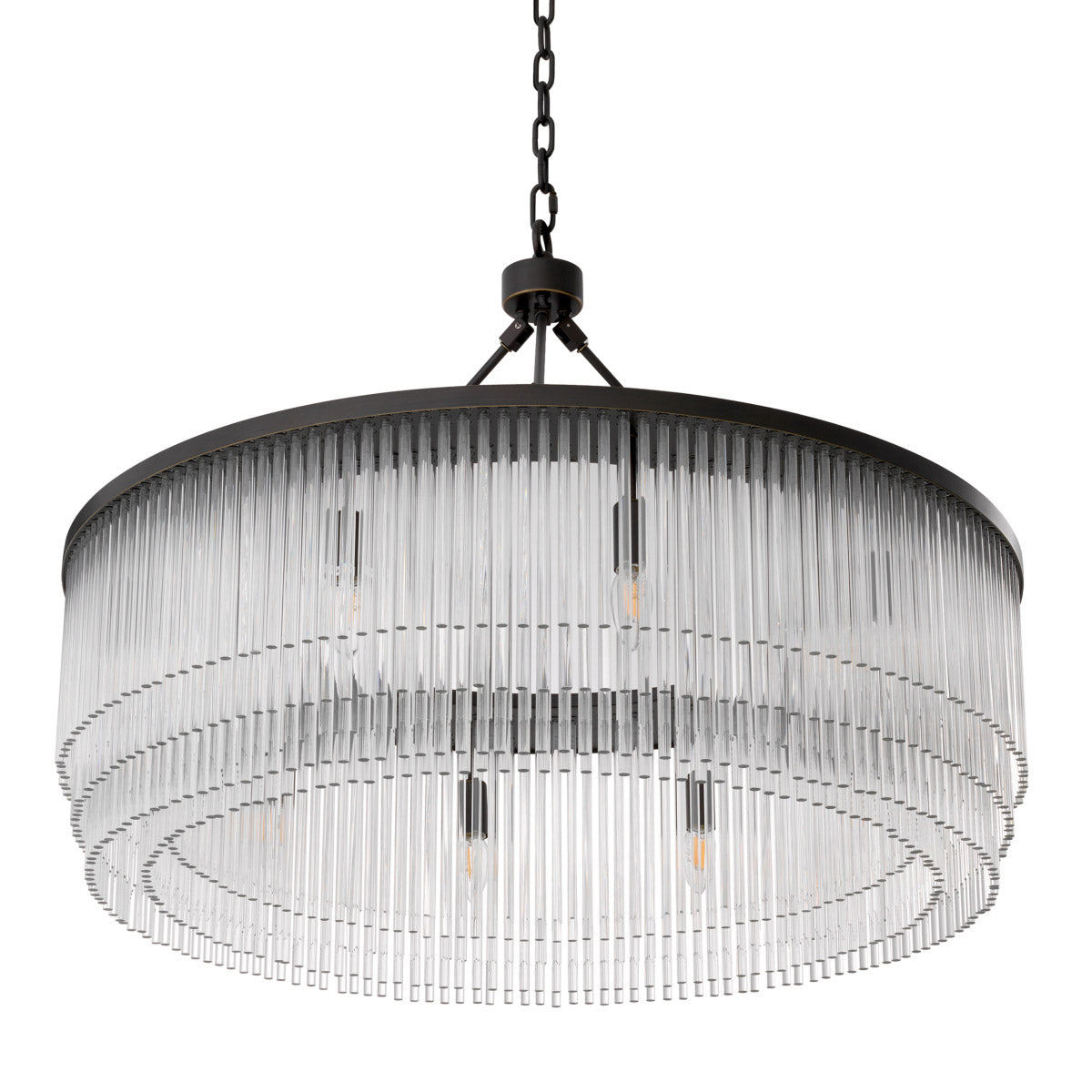 Eichholtz Chandelier Hector L design is embellished with tiers of clear glass rods. It gives a pleasing ambient light