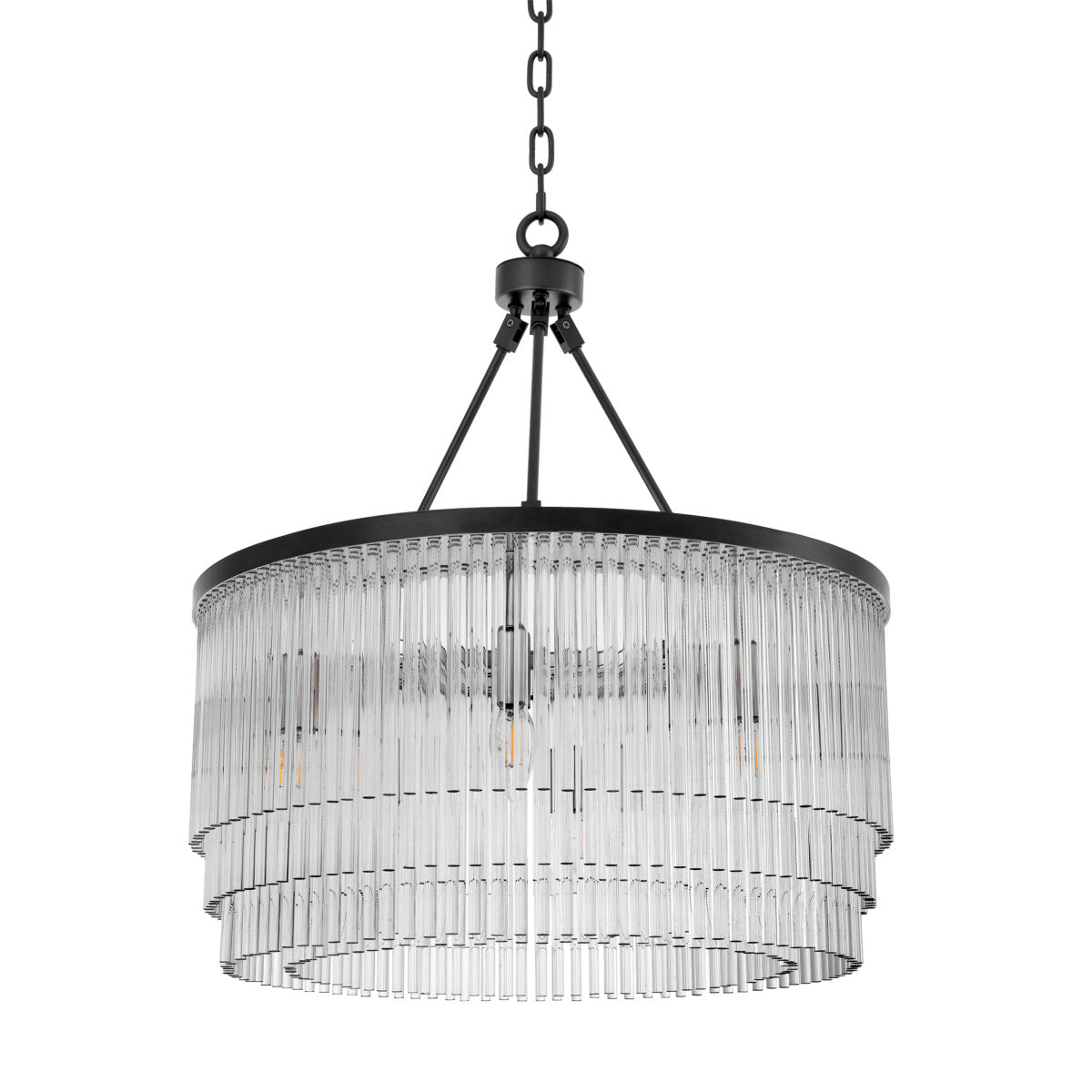 Eichholtz Chandelier Hector S design is embellished with tiers of clear glass rods. It gives a pleasing ambient light
