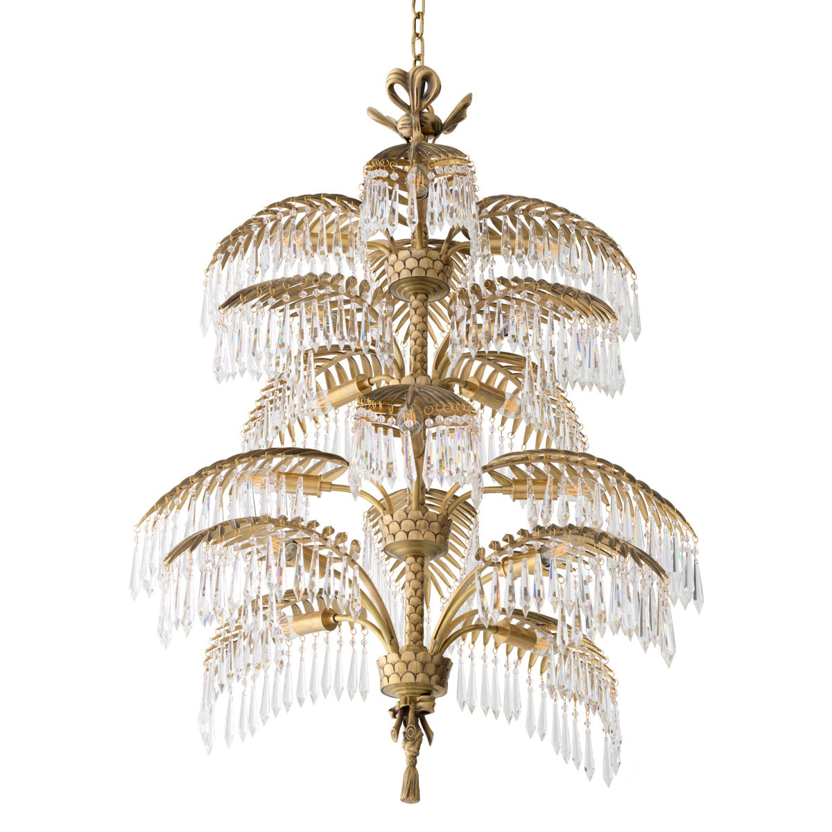 Eichholtz Chandelier Hildebrandt XL is finished in vintage brass with crystal glass to a height of just over 105cm.