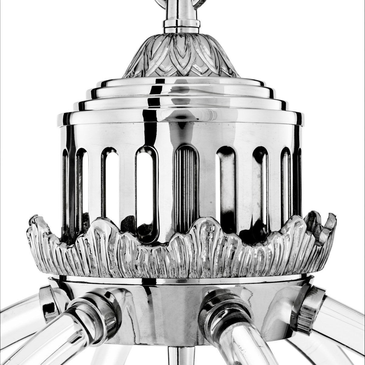 Eichholtz Chandelier Impero utterly attractive lamp comprises a subtly decorated, round structure with nickel finish and clear acrylic