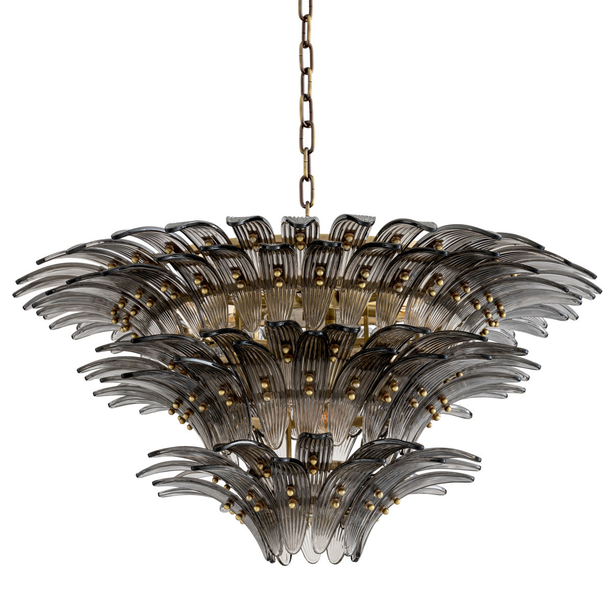 Eichholtz Chandelier Italo with overlapping decorations of ribbed smoked glass remind one of leaves and give the impression