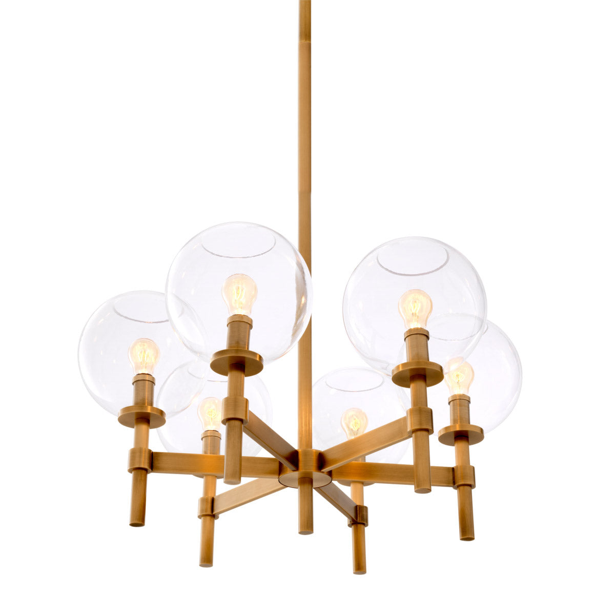 Eichholtz Chandelier Jade S direction. Clear glass globe shades disperse the light from the bulbs (not included) throughout your