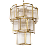 Eichholtz Chandelier Jet Set enchanting Art Deco pendant features curved antique brass finish panels with decorative clear glass rods.