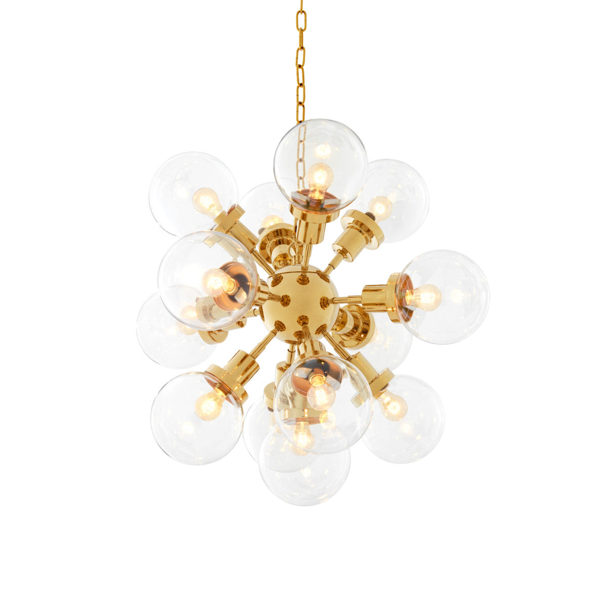Eichholtz Chandelier Ludlow luminaire features a lustrous starburst frame with hand blown clear glass globes. The resulting light