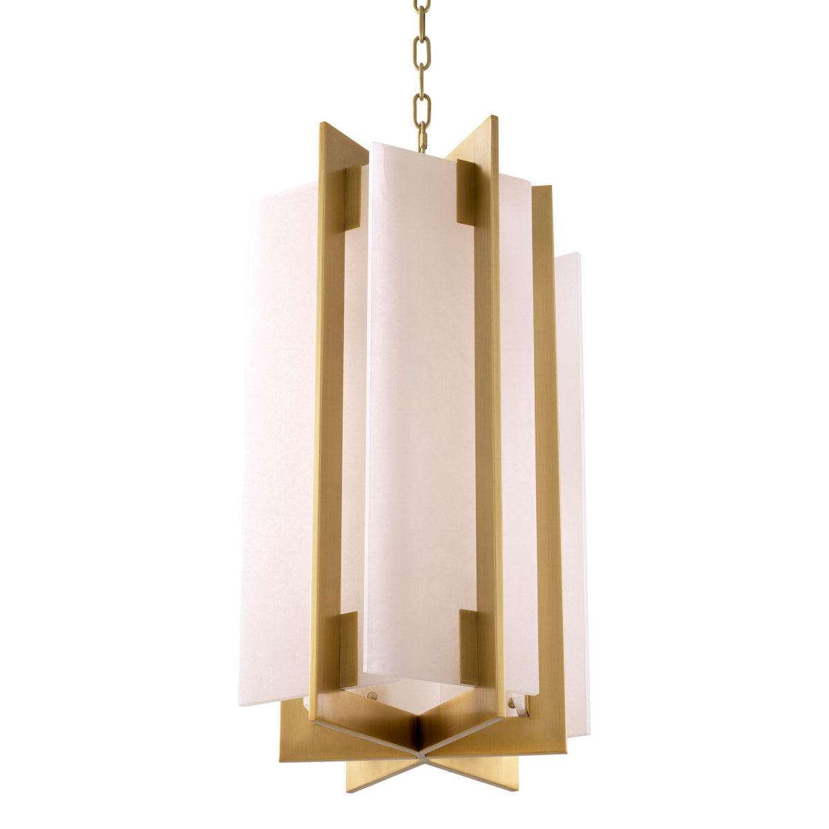 Eichholtz Chandelier Lugano brass finish and features stylish geometric shades with inserts of translucent alabaster. Each lamp hangs