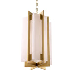 Eichholtz Chandelier Lugano brass finish and features stylish geometric shades with inserts of translucent alabaster. Each lamp hangs