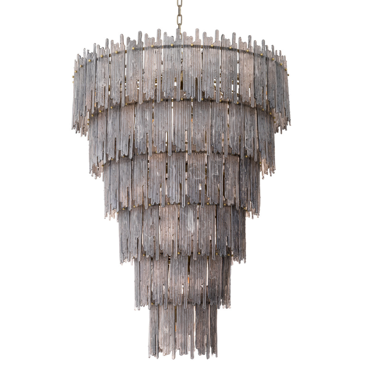 Eichholtz Chandelier Saint Roch XXL round silhouette giving way to a six-tier shade made of cascading handmade smoked glass. Elevate